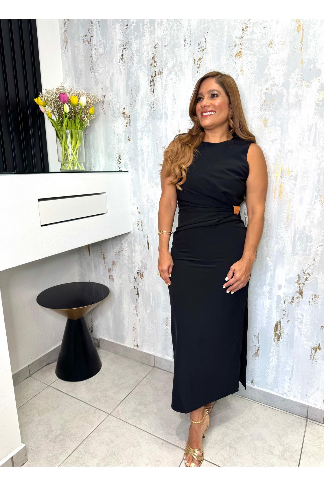 Sleeveless Draped Gold Accent Grecia Midi Dress